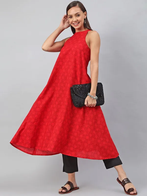 Womens_Red_Printed_Sleeveless_Flared_Kurta