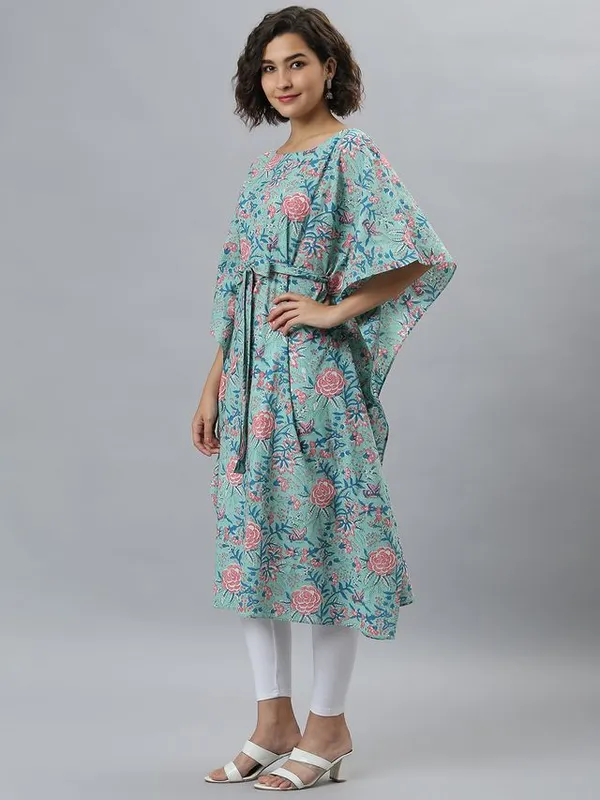 Womens_Sea_Green_Cotton_Floral_Printed_Kaftan_Kurta