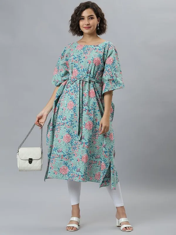 Womens_Sea_Green_Cotton_Floral_Printed_Kaftan_Kurta
