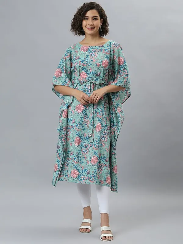 Womens_Sea_Green_Cotton_Floral_Printed_Kaftan_Kurta