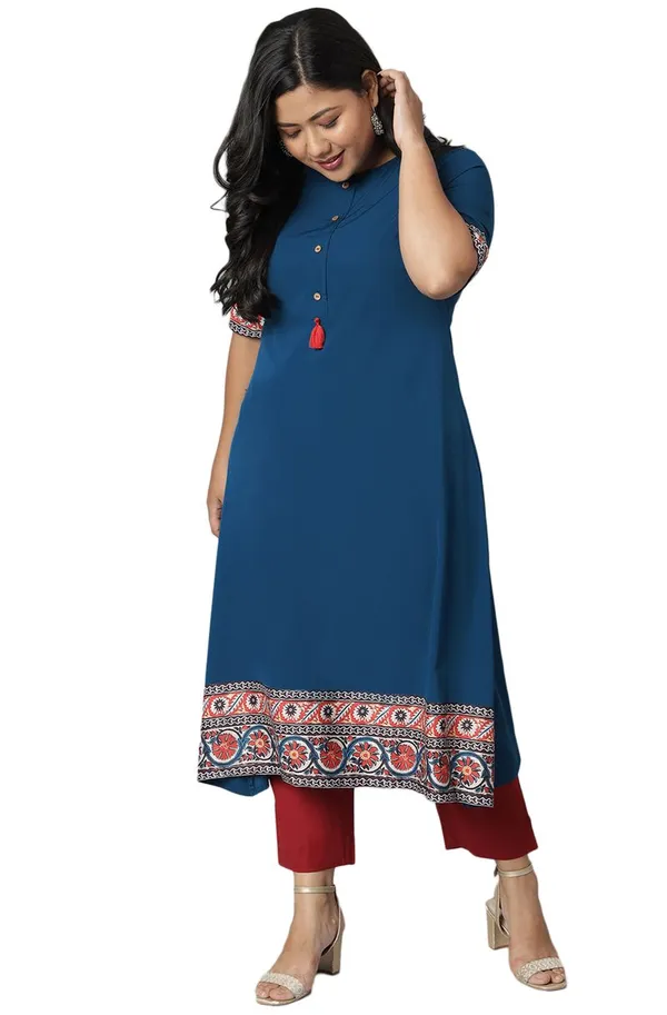 Womens_Teal_Poly_Crepe_Floral_Print_A-line_Kurta
