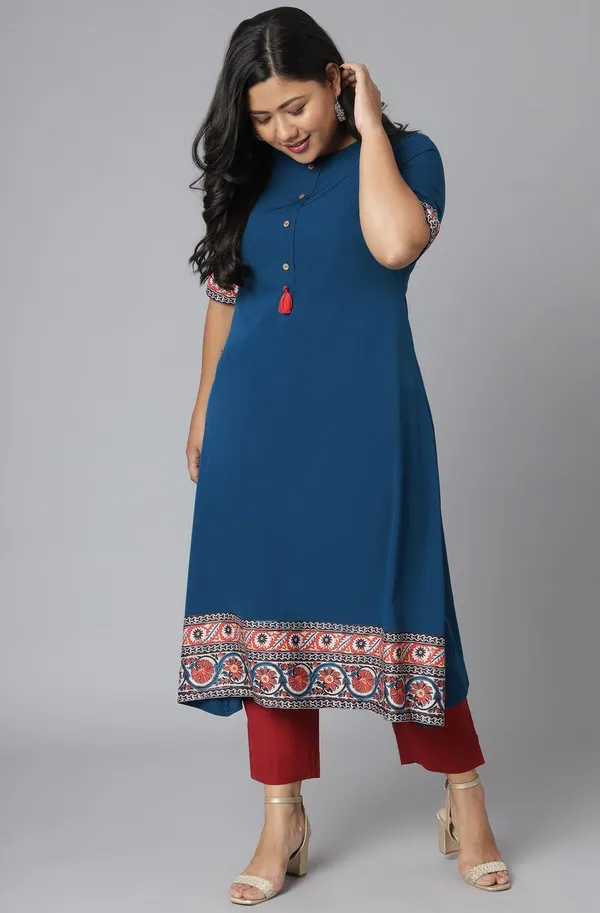 Womens_Teal_Poly_Crepe_Floral_Print_A-line_Kurta