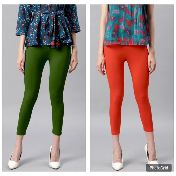 Green_and_Orange_Rayon_Blend_Leggings_With_Elasticated_Waist_For_Women_Combo_Set_(Pack_Of_2)