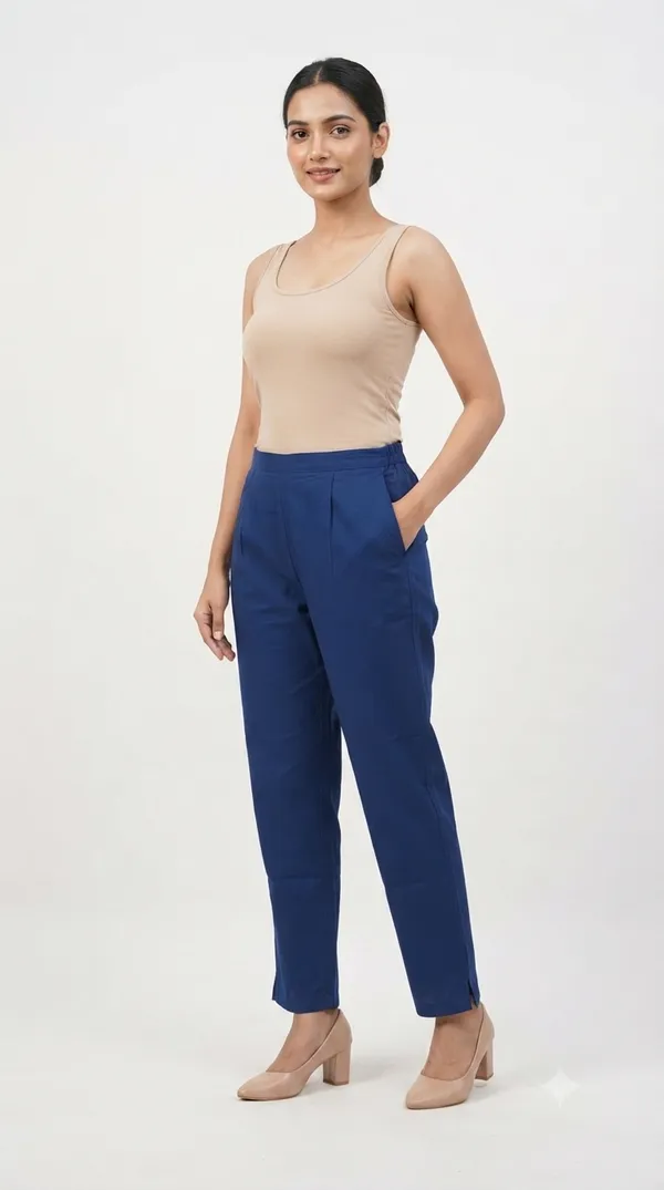 FOLLOWMI_Women's_Solid_Royal_Blue_Straight_Fit_Cotton_Pants_with_Elastic_Waist_&_Side_Pockets