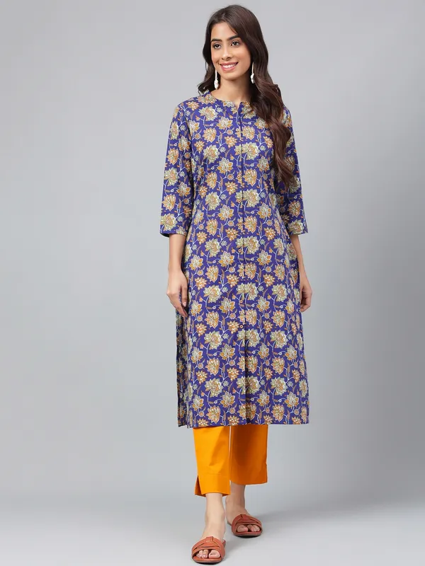 Blue_Floral_Print_No_Darts_Straight_Kurta_For_Women