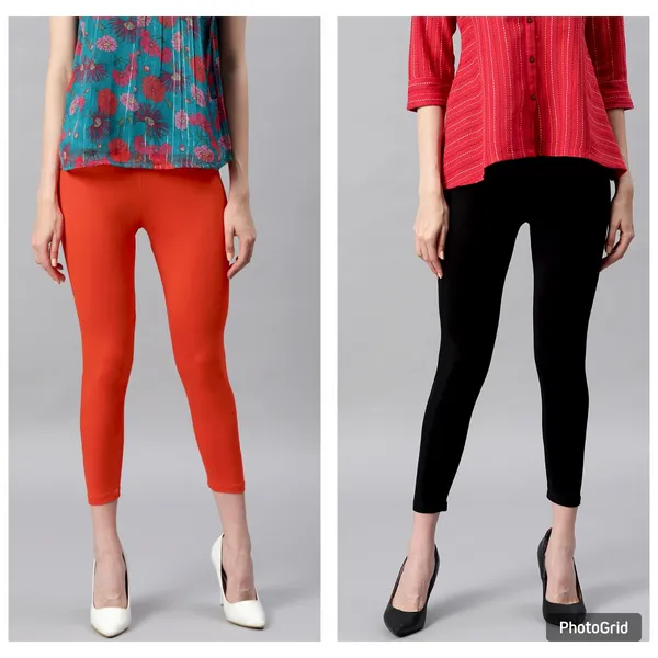 Black_and_Orange_Rayon_Blend_Leggings_With_Elasticated_Waist_For_Women_Combo_Set_(Pack_Of_2)