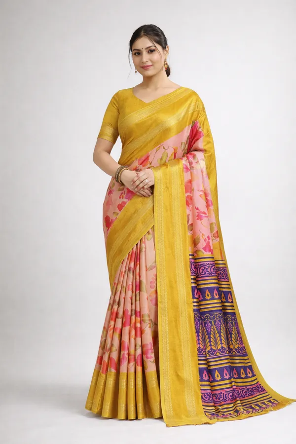 Eva_Pattu_NX_Jacquard_Bamboo_Crush_Saree_in_Mustard_Yellow_with_Floral_&_Temple_Border
