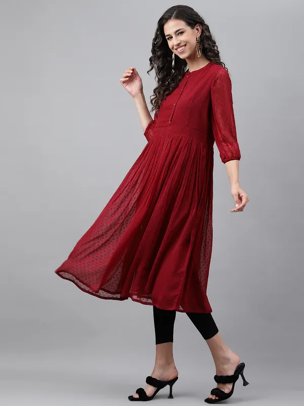 Maroon_Dobby_Chiffon_Self_Design_Flared_Kurta_For_Women