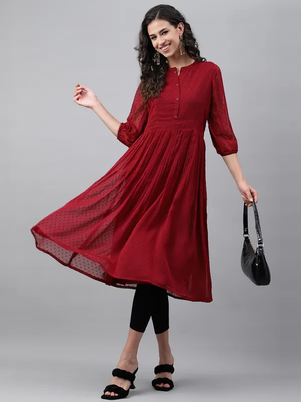 Maroon_Dobby_Chiffon_Self_Design_Flared_Kurta_For_Women