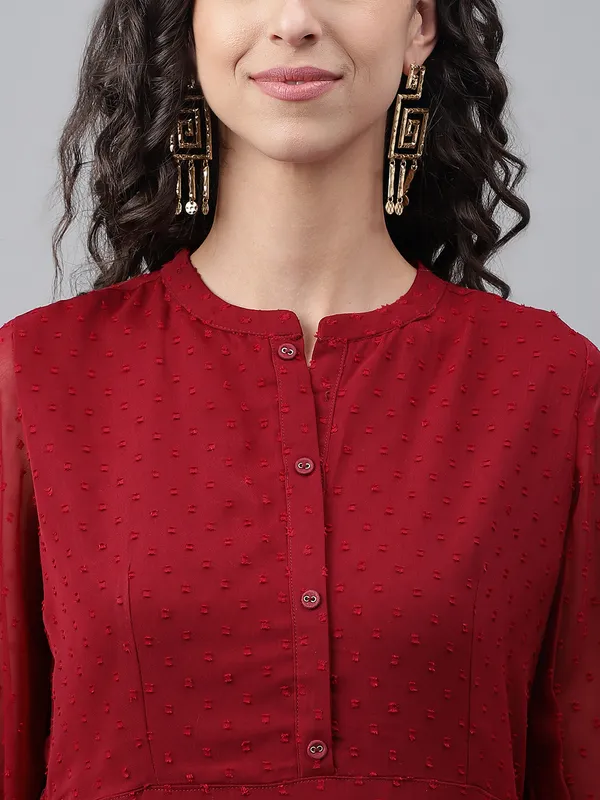Maroon_Dobby_Chiffon_Self_Design_Flared_Kurta_For_Women