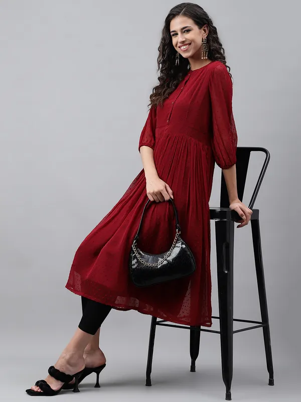Maroon_Dobby_Chiffon_Self_Design_Flared_Kurta_For_Women