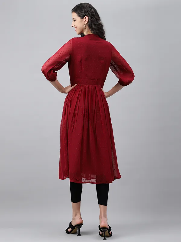 Maroon_Dobby_Chiffon_Self_Design_Flared_Kurta_For_Women
