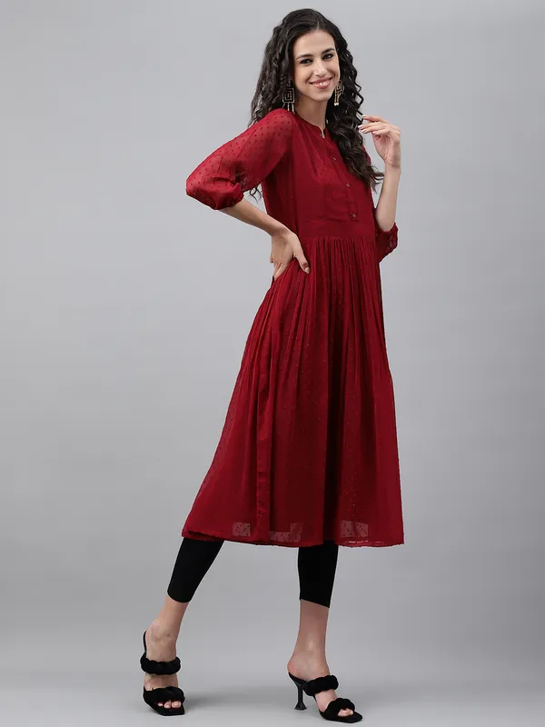 Maroon_Dobby_Chiffon_Self_Design_Flared_Kurta_For_Women