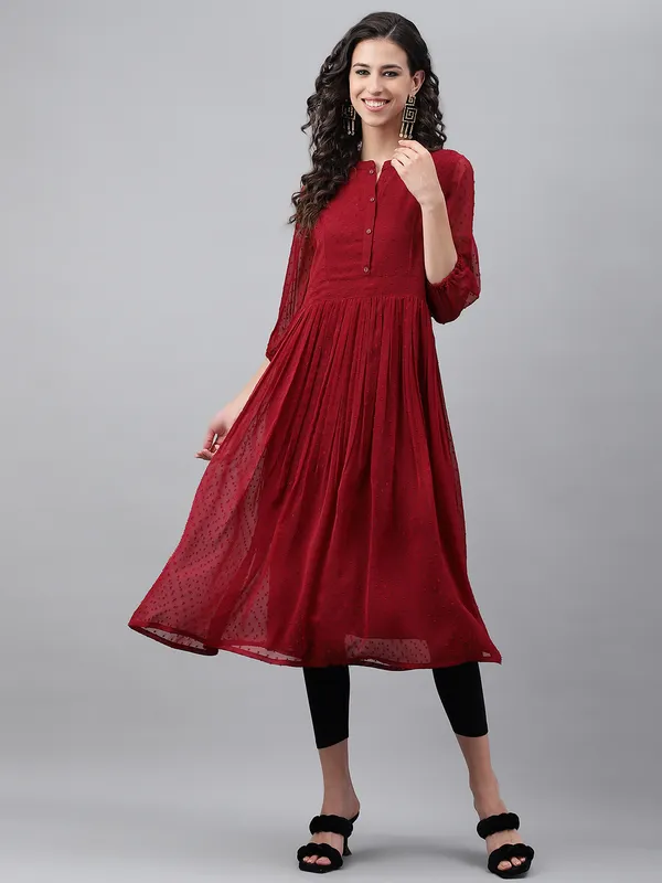 Maroon_Dobby_Chiffon_Self_Design_Flared_Kurta_For_Women