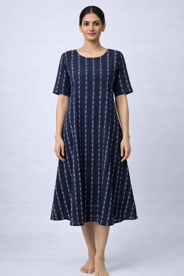 Navy_Blue_A-Line_Kurti_in_Katha_Cotton_with_All-Over_Traditional_Print__Alternate_SEO_Title:
