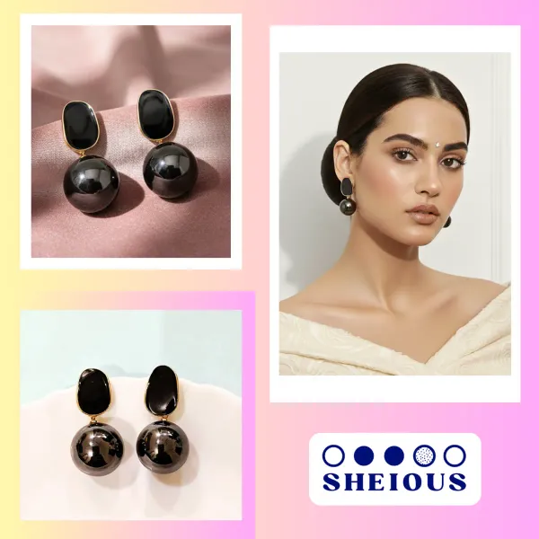 Combo_(Set_of_2)_Bold_Black_Sphere_Drop_&_Textured_Gold_Stud_Earrings