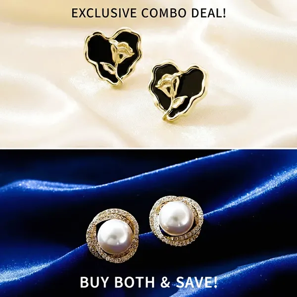 Combo_(Set_of_2)_Elegant_Pearl_Stud_&_Floral_Black_Gold_Earrings