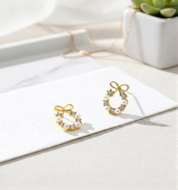 Gold_Beautiful_Bow_Pearl_Circle_Studs_For_Women