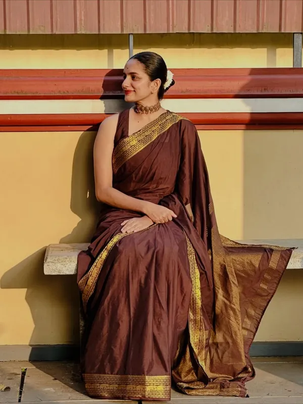 Evocative_Brown_Pure_Zari_Weaving_Banarasi_Silk_Saree_With_Verdant_Blouse_Piece