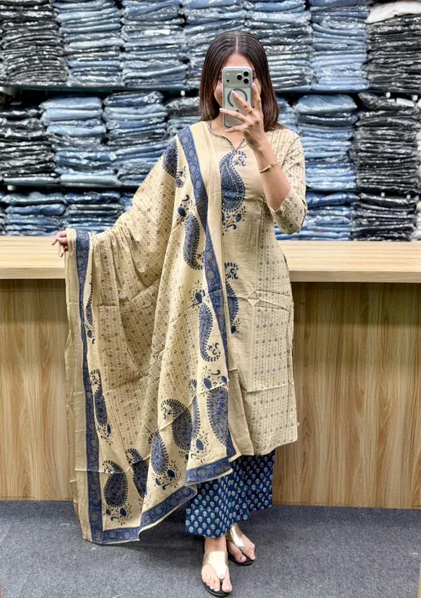 Royal_Blue_Cotton_60×60_Kairi_Print_Kurti_Pant_Dupatta_Set