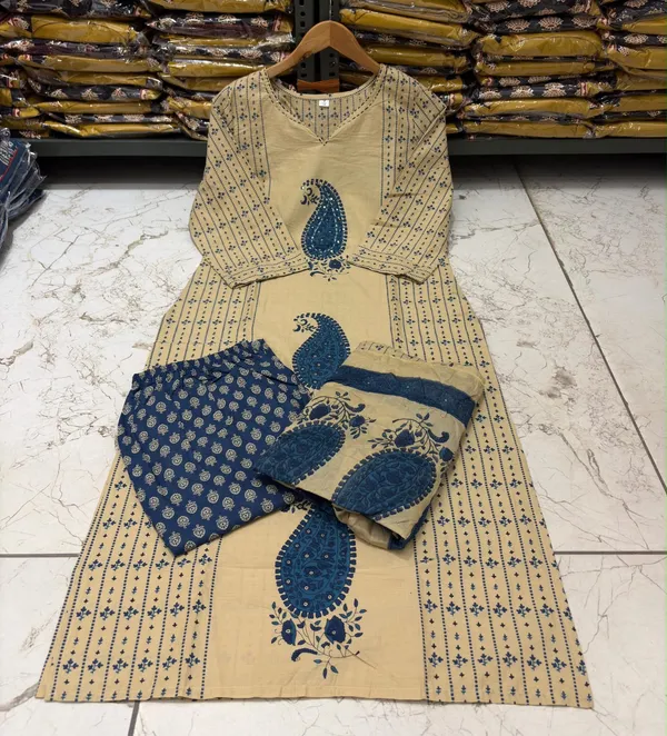 Royal_Blue_Cotton_60×60_Kairi_Print_Kurti_Pant_Dupatta_Set
