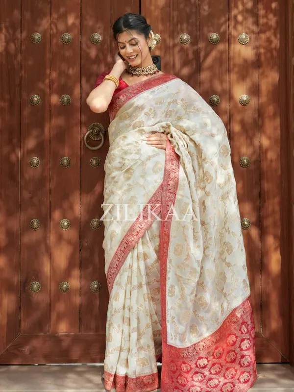 White_Soft_Banarasi_Silk_Saree_With_Blouse