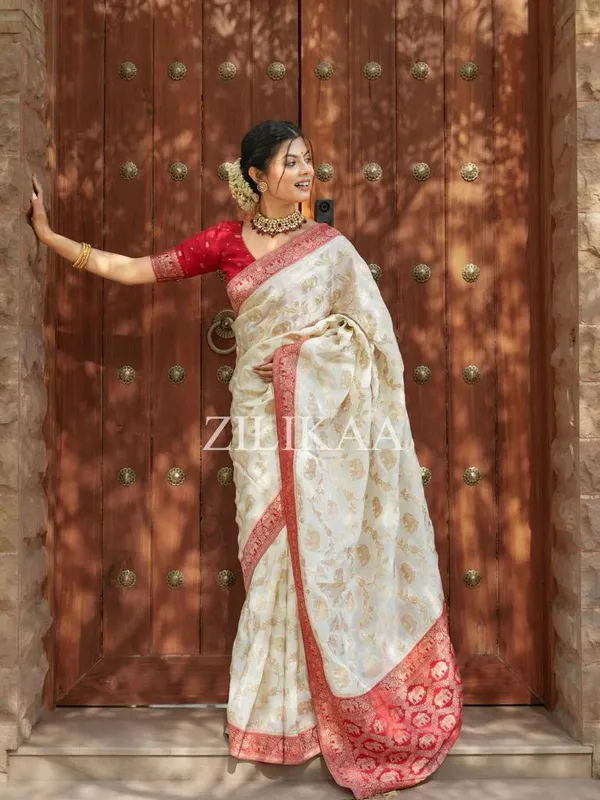 White_Soft_Banarasi_Silk_Saree_With_Blouse