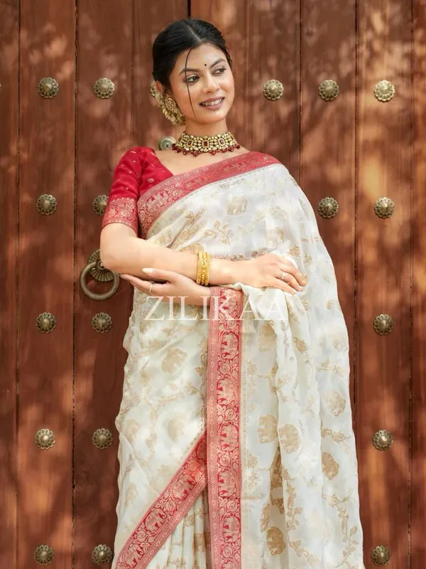 White_Soft_Banarasi_Silk_Saree_With_Blouse