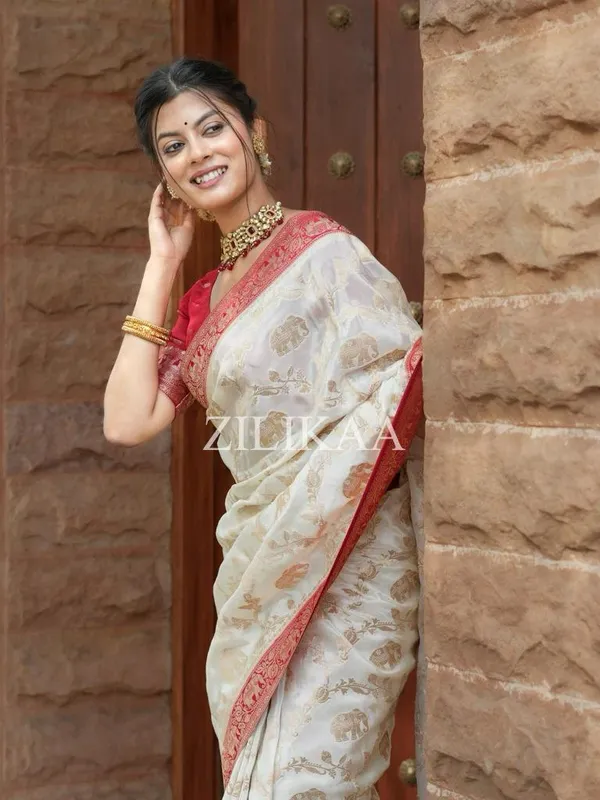 White_Soft_Banarasi_Silk_Saree_With_Blouse
