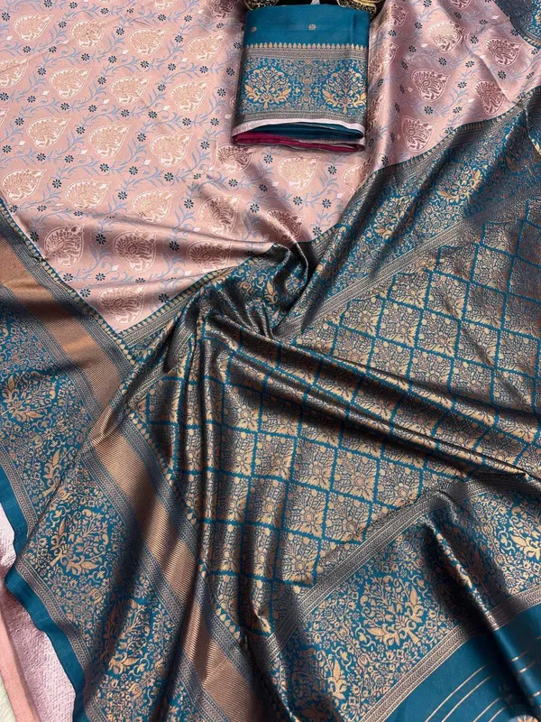 Light_Pink_&_Teal_Floral_Woven_Women’s_Silk_Blend_Designer_Saree_with_Blouse_Piece_|__Traditional_Saree_with_Rich_Border_|