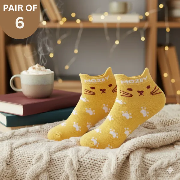 Pack_of_6_Yellow_&_White_Cotton_Cat_Sneaker_Length_Socks_For_Womens