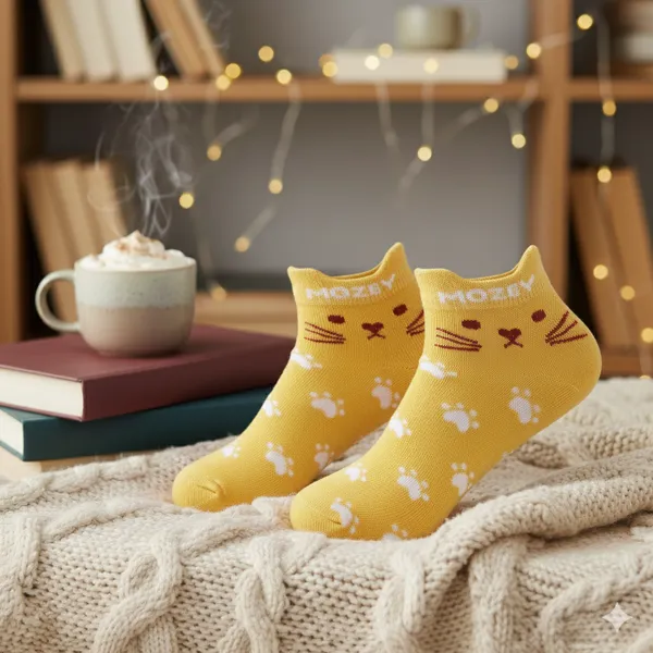 Yellow_&_White_Cotton_Cat_Sneaker_Length_Socks_For_Womens