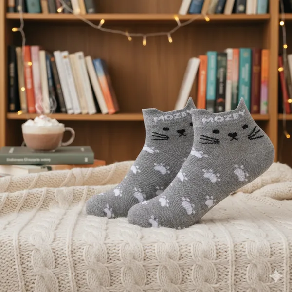 Grey_&_White_Cotton_Cat_Sneaker_Length_Anklet_Printed_Socks_For_Women