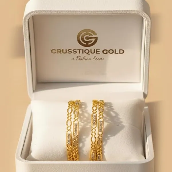 CRUSSTIQUE_GOLD_Elegant_Crystal_Bangle_Set_for_Women,_2_Piece_Lattice_Design_Bangles_with_Rhinestone_Accents,_Traditional_Indian_Style_Jewellery_for_Party,_Wedding_and_Festive_Occasions
