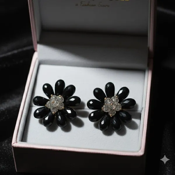 Black_Flower_Crystal_Stud_Earrings,_Daisy_Design_With_Clear_Center,_Stylish_Fashion_Jewelry_Accessories_For_Women