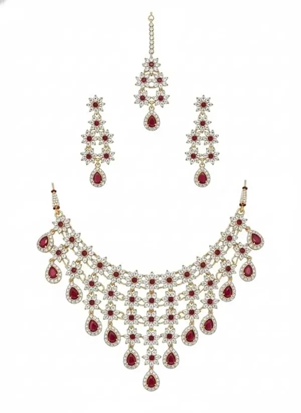 CRUSSTIQUE_GOLD�_Indian_Bridal_Jewellery_Set,_Gold_Plated_with_Red_Stones,_Necklace_Earrings_Maang_Tikka,_American_Diamond,_Wedding_Collection