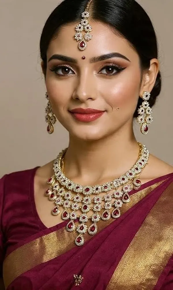 CRUSSTIQUE_GOLD�_Indian_Bridal_Jewellery_Set,_Gold_Plated_with_Red_Stones,_Necklace_Earrings_Maang_Tikka,_American_Diamond,_Wedding_Collection