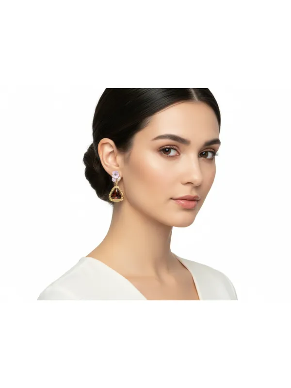 CRUSSTIQUE_GOLD�_Floral_Drop_Earrings,_Emerald_Green_Triangle_Stone,_Gold-Tone,_Teal_and_Lime_Flowers