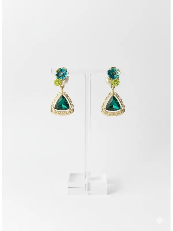 Crusstique_Gold_Flower_Drop_Earrings,_Gold_and_Green_Crystal_Square_Dangle,_Statement_Jewelry