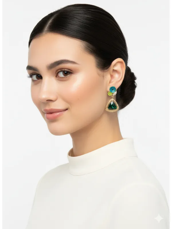 Crusstique_Gold_Flower_Drop_Earrings,_Gold_and_Green_Crystal_Square_Dangle,_Statement_Jewelry