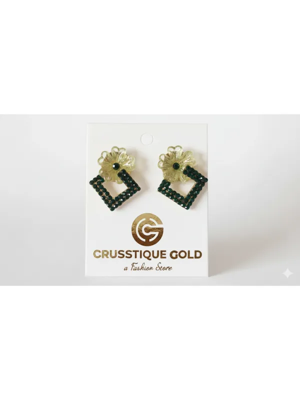 CRUSSTIQUE_GOLD�_Flower_Drop_Earrings,_White_Enamel_Floral_Studs_with_Crystal_Diamond_Shaped_Danglers