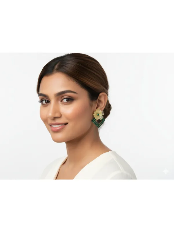 CRUSSTIQUE_GOLD�_Flower_Drop_Earrings,_White_Enamel_Floral_Studs_with_Crystal_Diamond_Shaped_Danglers