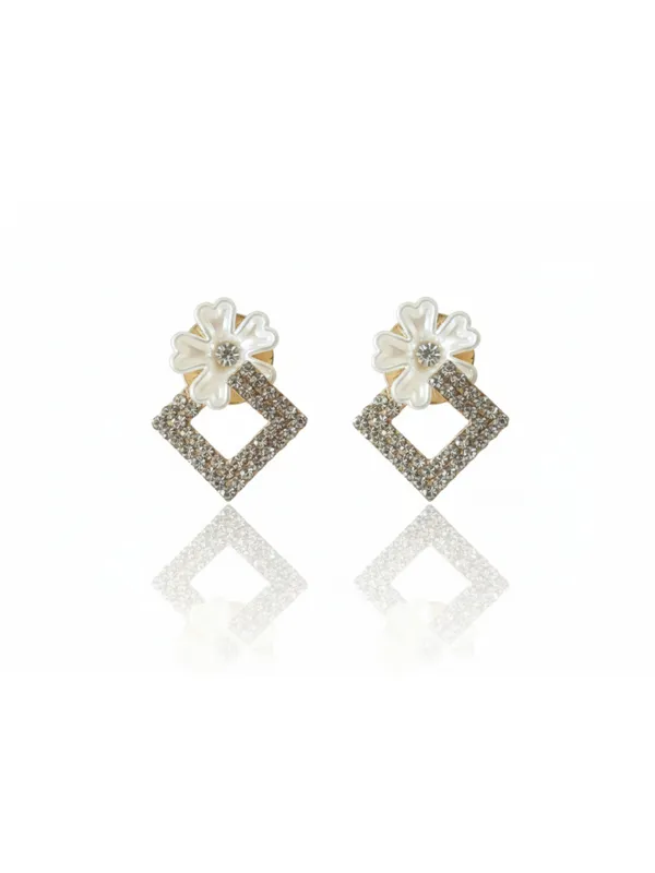 CRUSSTIQUE_GOLD�_Dangle_Earrings,_Gold-Tone,_Black_Triangle_Stone,_Blue_Flower_Accent,_Fashion_Jewelry