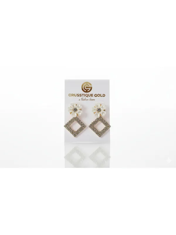 CRUSSTIQUE_GOLD�_Dangle_Earrings,_Gold-Tone,_Black_Triangle_Stone,_Blue_Flower_Accent,_Fashion_Jewelry