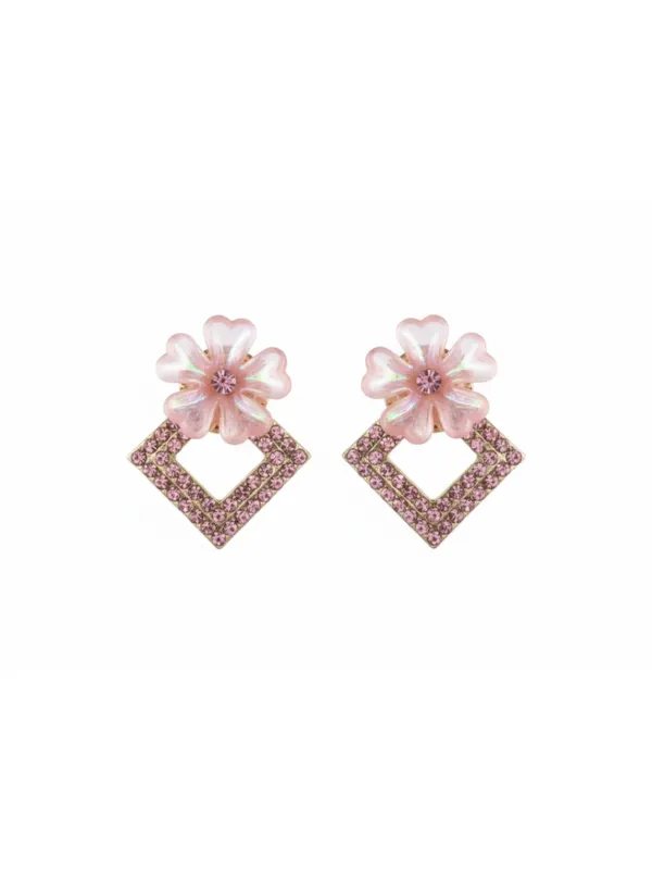 CRUSSTIQUE_GOLD�_Floral_Drop_Earrings,_Gold-Tone,_Triangle_Crystal_Pendant,_White_Flower_Studs