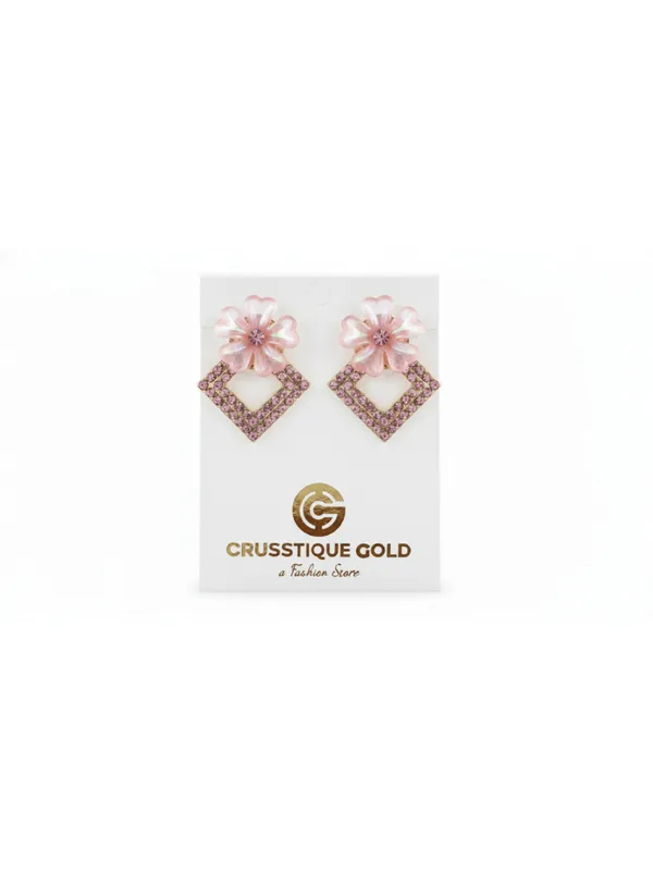 CRUSSTIQUE_GOLD�_Floral_Drop_Earrings,_Gold-Tone,_Triangle_Crystal_Pendant,_White_Flower_Studs
