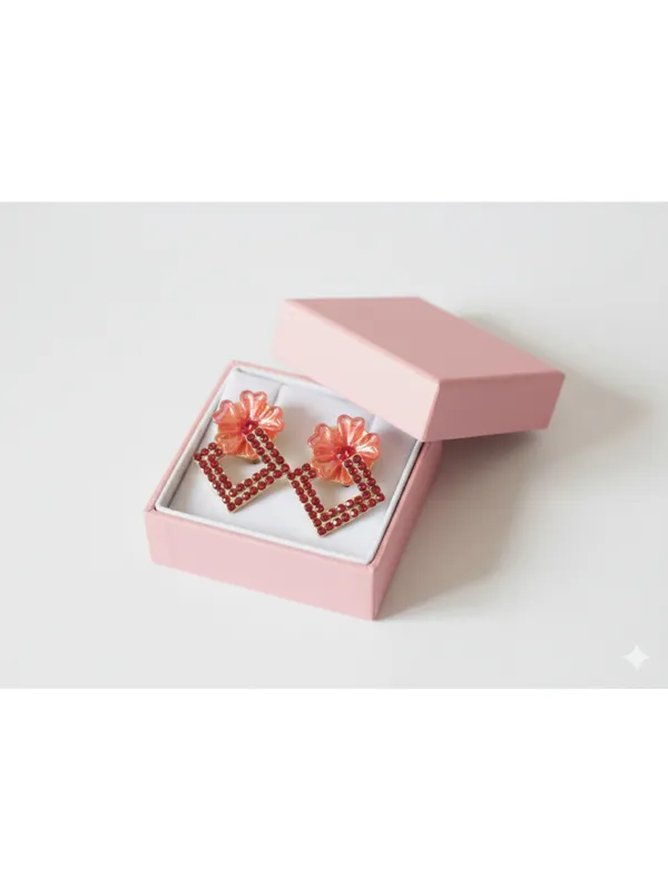 CRUSSTIQUE_GOLD�_Pink_Enamel_Drop_Earrings,_Red_Crystal_Embellished,_Teardrop_Design,_Gold_Tone_Metal