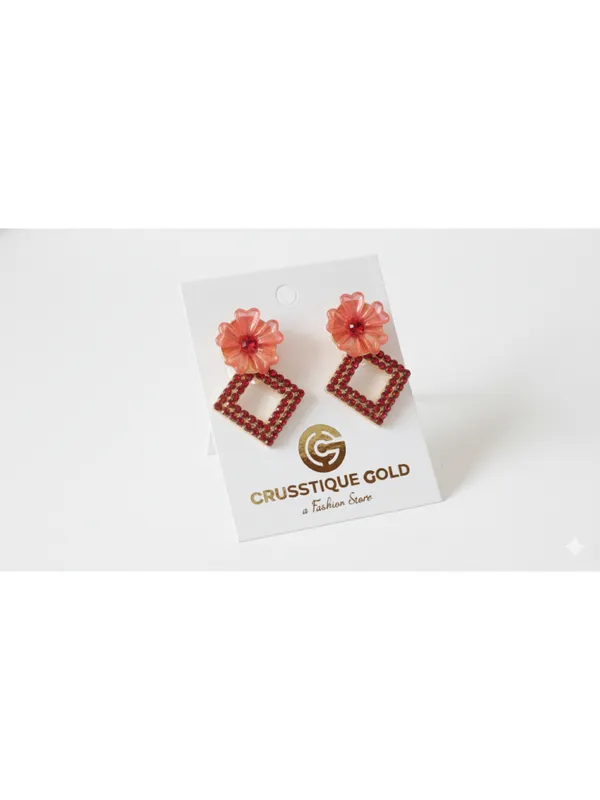 CRUSSTIQUE_GOLD�_Pink_Enamel_Drop_Earrings,_Red_Crystal_Embellished,_Teardrop_Design,_Gold_Tone_Metal