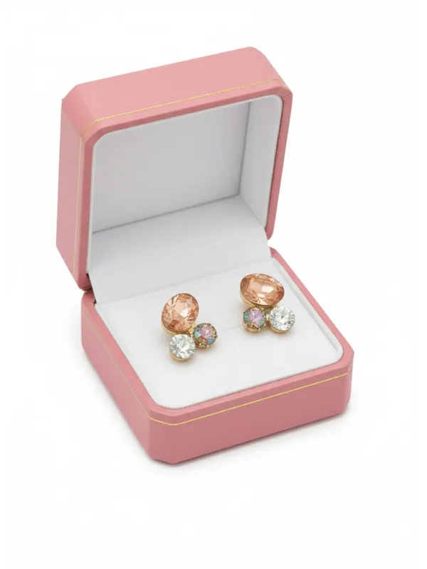 Crusstique_Gold_Crystal_Stud_Earrings,_Peach_and_Clear_Stones,_Multi-Stone_Cluster_Design,_Gold_Tone