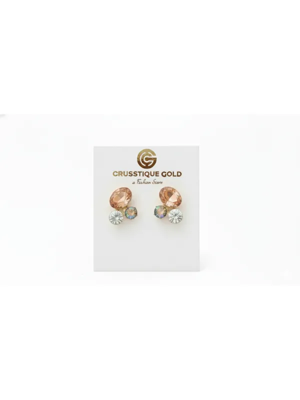Crusstique_Gold_Crystal_Stud_Earrings,_Peach_and_Clear_Stones,_Multi-Stone_Cluster_Design,_Gold_Tone